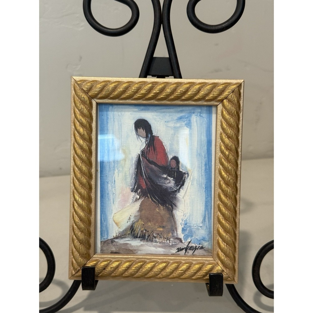 Vintage DeGrazia Print 'End of a Long Day' Gold Twisted Rope Frame Mother Child